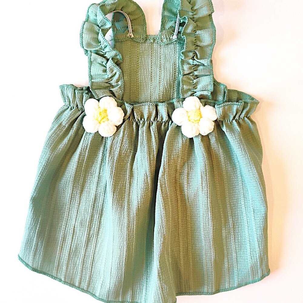Sage Green Dog Dress with Ruffled Spaghetti Straps and Crochet Daisies, Size M